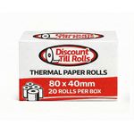 Box of 80x40mm BPA-free direct thermal paper rolls from Discount Till Rolls, trade-ready for EPOS and mobile printers in retail and hospitality.