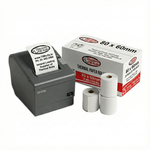 Front and side image of a Discount Till Rolls branded box of 80x60mm thermal paper rolls with tthree loose rolls sitting in fron of the box WITH A PRINTER PRINTING A RECEIPT
