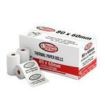 Front and side image of a Discount Till Rolls branded box of 80x60mm thermal paper rolls with tthree loose rolls sitting in fron of the box