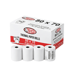 Discount Till Rolls branded box of 80x70mm thermal paper rolls, 20 rolls per box, with loose thermal rolls displayed in front.