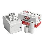 Discount Till Rolls branded box of 80x70mm thermal paper rolls, 20 rolls per box, with a thermal printer and loose rolls displayed in front.