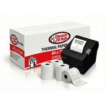 Discount Till Rolls branded box of 80x70mm thermal paper rolls, 20 rolls per box, with a thermal printer and loose rolls displayed in front.