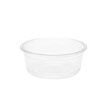 Empty 8oz round RPET deli container from the top, showing transparency for product visibility