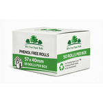 Box of 50 BPA-free, branded phenol-free credit card receipt paper rolls for eco-friendly printing.