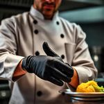 A chef wearing black nitrile gloves while preparing food in a commercial kitchen
