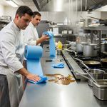 Chefs using Logic8-400-Sheet-Blue-Centrefeed-Rolls-to clean up.