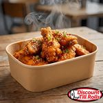 Hot chicken wings in a tangy sauce served in a 500ml  SpiritPak Kraft Rectangular Food Container with a clear, secure-fit PP lid.