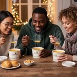 8oz White Greenspirit compostable soup containers filled with hot soup, used at a festival for eco-friendly takeaway food