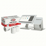 Image of a Discount Till Rolls branded box of clover station thermal rolls 65gsm with the Clover station terminal and printer