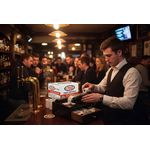 Barman using discount till rolls credit card rolls in Pub setting 1