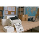 Stacked white 102 × 152 mm fanfold direct thermal shipping labels compatible with Zebra desktop printers, 2,000 labels per box.