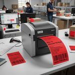 Close-up of premium topcoated direct thermal red label surface with permanent adhesive, ideal for desktop printers.