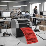 Zebra desktop printer printing red 6x4 inch direct thermal shipping label – model LP 2844 shown