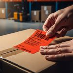 Red 102x152mm thermal shipping label in use on parcel – compatible with GLS, DPD, An Post and more