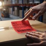 Red Zebra-compatible thermal label applied on a shipping box, ideal for courier use like GLS or DPD