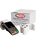 Ingenico credit card terminal alongside a box of 50 BPA-free branded paper rolls from TillRolls.ie, ideal for receipt printing.