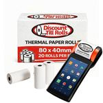 A front view image of a Discount TillRolls branded box of Just Eat Sunmi V2 s Plus 80mm Thermal Rolls with Sunmi printer and 3 loose rolls in front of the bxo