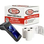 Front and side view of a Discount Till Rolls NEXTGO G5 box with three loose credit card rolls and a NEXTGO N84 terminal.