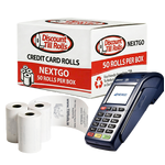 Front and side view of a Discount Till Rolls NEXTGO G2 box with three loose credit card rolls and a NEXTGO N84 terminal.