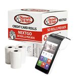 Front and side view of a Discount Till Rolls NEXTGO N3 box with three loose credit card rolls and a NEXTGO N84 terminal.