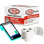 Front and side view of a Discount Till Rolls NEXTGO N5 box with three loose credit card rolls and a NEXTGO N84 terminal.