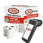 Front and side view of a Discount Till Rolls NEXTGO N84 box with three loose credit card rolls and a NEXTGO N84 terminal.