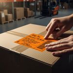 Orange 6x4 thermal shipping label applied to package, ideal for couriers like GLS, DPD, UPS