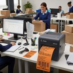 Zebra-compatible 102x152mm orange thermal shipping label roll, 280 labels, 25mm core