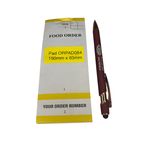 Front view of Order Pad 084 with a Dicount Till Rolls branded pen beside it.