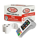 A side view of a Discount Till Rolls Box with a PAX A80 PRO Terminal and 3 loose rolls in front of the box