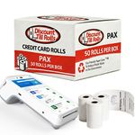 A side view of a Discount Till Rolls Box with a PAX A910 Terminal and 3 loose rolls in front of the box