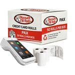 A side view of a Discount Till Rolls Box with a PAXA920 Terminal and 3 loose rolls in front of the box