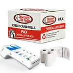 A side view of a Discount Till Rolls Box with a PAX A930 Terminal and 3 loose rolls in front of the box
