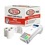 A side view of a Discount Till Rolls Box with a PAX Q80 Terminal and 3 loose rolls in front of the box