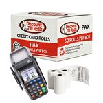 A side view of a Discount Till Rolls Box with a PAX S800 PRO Terminal and 3 loose rolls in front of the box