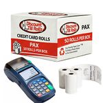 A side view of a Discount Till Rolls Box with a PAX S80 Terminal and 3 loose rolls in front of the box