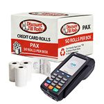 A side view of a Discount Till Rolls Box with a PAX S900 PRO Terminal and 3 loose rolls in front of the box
