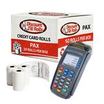 A side view of a Discount Till Rolls Box with a PAX S90 Terminal and 3 loose rolls in front of the box