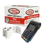 A side view of a Discount Till Rolls Box with a PAX S910 Terminal and 3 loose rolls in front of the box
