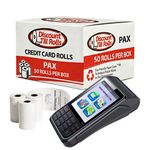 A side view of a Discount Till Rolls Box with a PAX S920 PRO Terminal and 3 loose rolls in front of the box