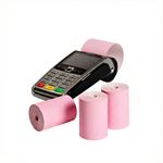 Image of credit card terminal with pink credit card rolls in front of the terminal supplied by Discount Till Rolls