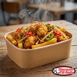 Irish takeaway spice box with battered chicken, chips, and peppers in a 500ml SpiritPak Kraft Rectangular Food Container featuring a clear, secure PP lid.