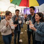 8oz White Greenspirit compostable soup containers filled with hot soup, used at a festival for eco-friendly takeaway food
