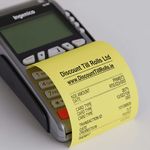Yellow thermal credit card paper rolls (20 rolls) – 57x40mm coreless, compatible with POS and card terminals, free delivery Ireland www.DiscountTillRolls.ie