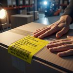 Yellow 6x4 thermal shipping label applied to cardboard box, compatible with couriers like DPD or GLS