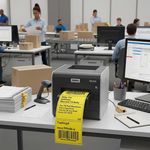 Yellow Zebra-compatible thermal label roll shown with GK420d and other desktop Zebra printers