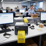 Topcoated yellow direct thermal label for clear barcode and text printing, ideal for desktop printers