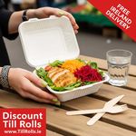 Lightweight yet rigid 8-inch bagasse meal box holding hot, wet, or oily foods without leaking