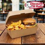 corrugated clamshell portion box witth Burger and Chips www.TillRolls.ie