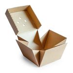 Eco-friendly corrugated burger box securely holding a burger, ensuring freshness and reducing environmental impact.